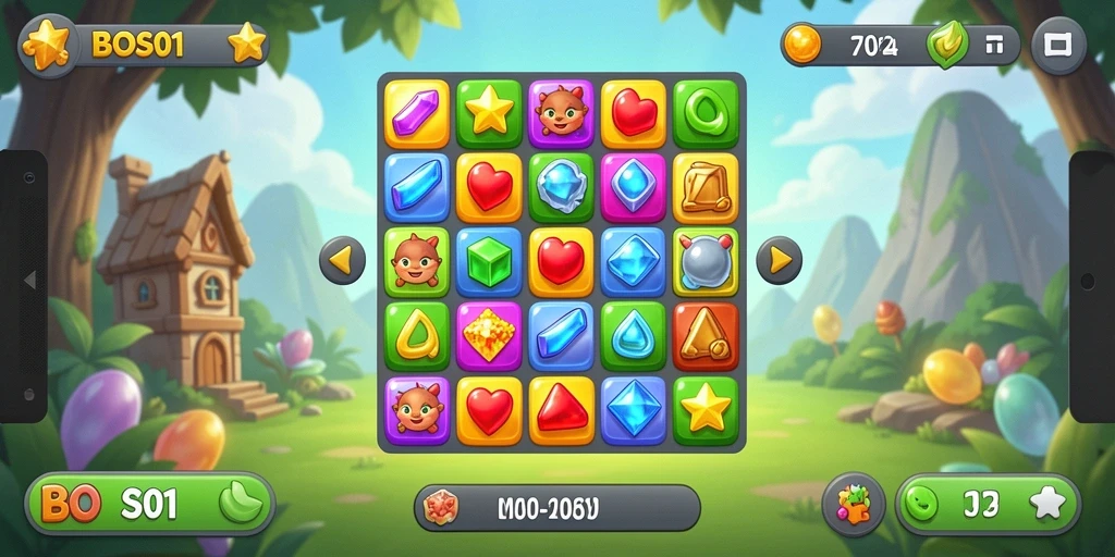 Tangkapan layar BOS01 menampilkan gameplay Match-3 yang penuh warna.