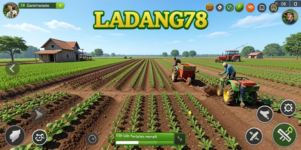 Tampilan menarik dari gameplay LADANG78 yang menampilkan ladang dan hasil panen.