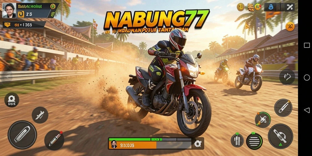 Screenshot utama NABUNG77 menampilkan aksi balapan motor yang seru.