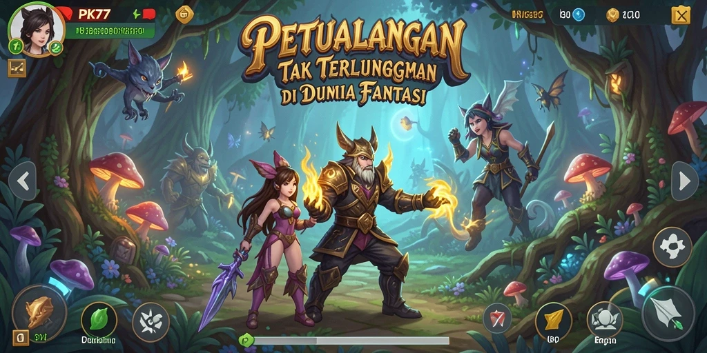 Screenshot gameplay PK77 menunjukkan petualangan menakjubkan di dunia fantasi.