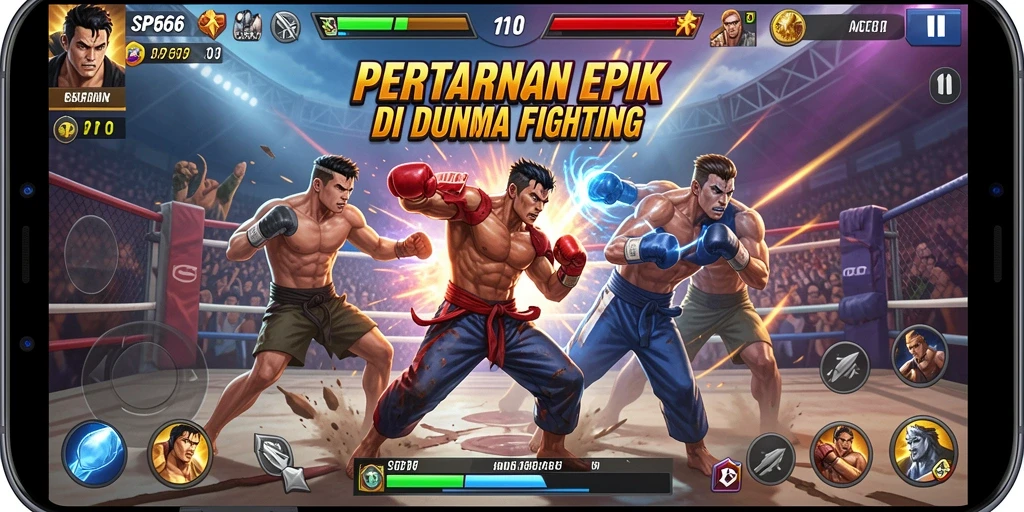 Screenshot SP666 menampilkan pertarungan seru dengan karakter yang beraksi.